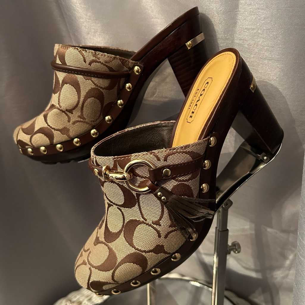 Coach Shasha Clogs Mules In Brown Wood, Leather, And Canvas